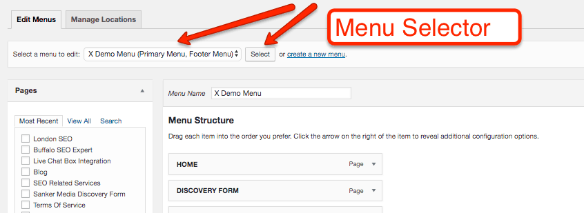 Menu selector in WordPress